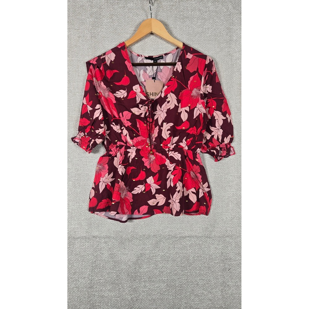 Herve Benard Womens Floral Peplum Top Burgundy‎ Pink V-Neck Blouse M NEW